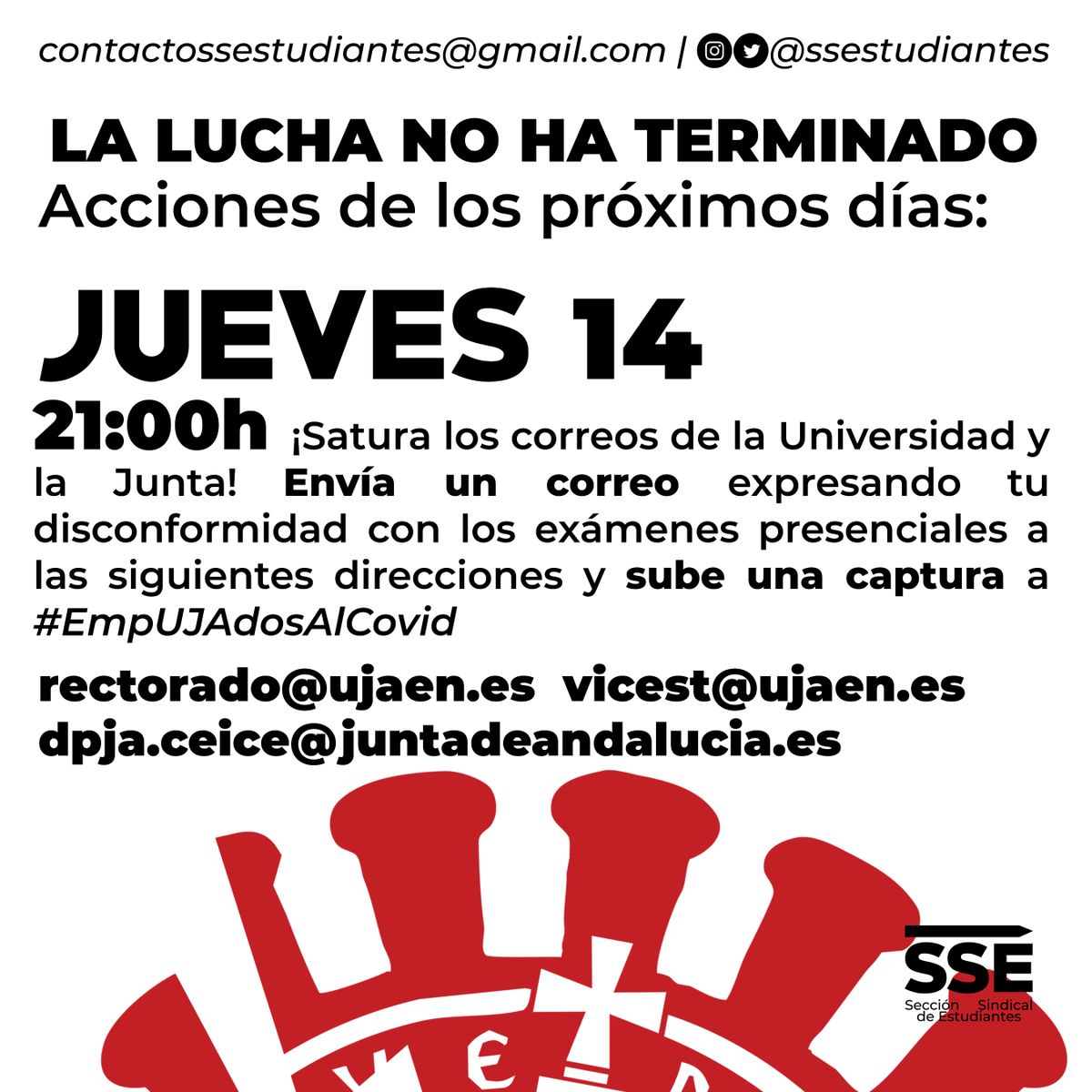 ssestudiantes's tweet photo. Próximas acciones que realizaremos esta semana. Visto el brutal aumento de casos ahora más que nunca debemos presionar para que no jueguen con nuestra salud, estamos literalmente en el peor momento de la pandemia.
#ExamenesOnlineYa
#ExamenesOnlineEspana 
#EmpUJAdosAlCovid https://t.co/sdNzowXshb