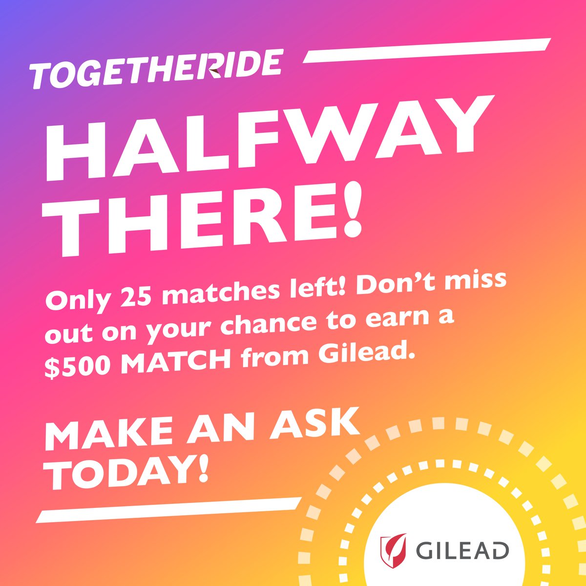 TogetheRide's tweet photo. AMAZING NEWS! Thank you to everyone who has been fundraising - we are just over halfway to our match goal! It is NOT too late to make your match however and help us on the road to $5M! https://t.co/20wnVDXwTJ