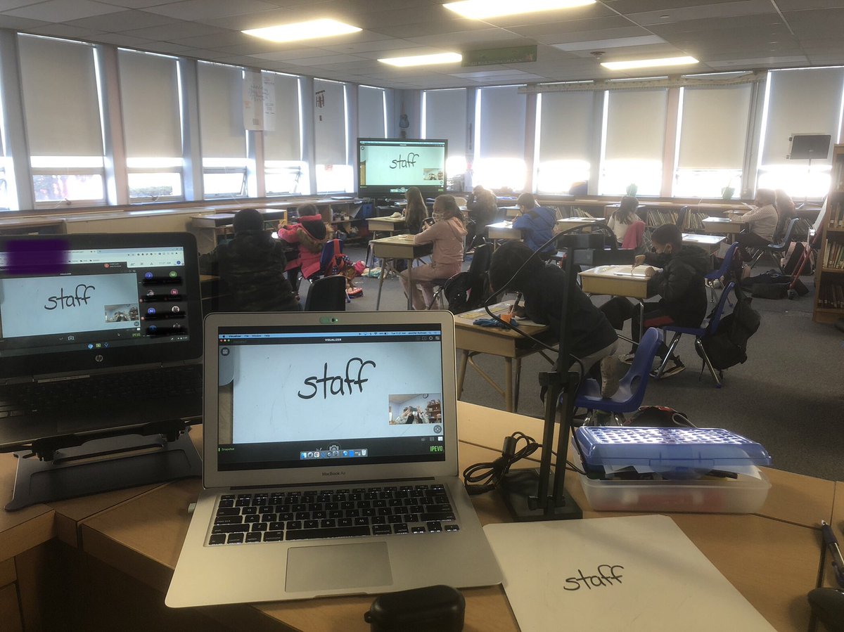 JenRuthven's tweet photo. When you finally figure out the perfect tech set up to teach 20 Ss in person &amp; 16 at home. Thanks @BenRussell_Tech and our administration for getting us what we need to reach all students! @sandy_forand @KathrynCrowle12 @justlessie https://t.co/sOyWLCCJBS