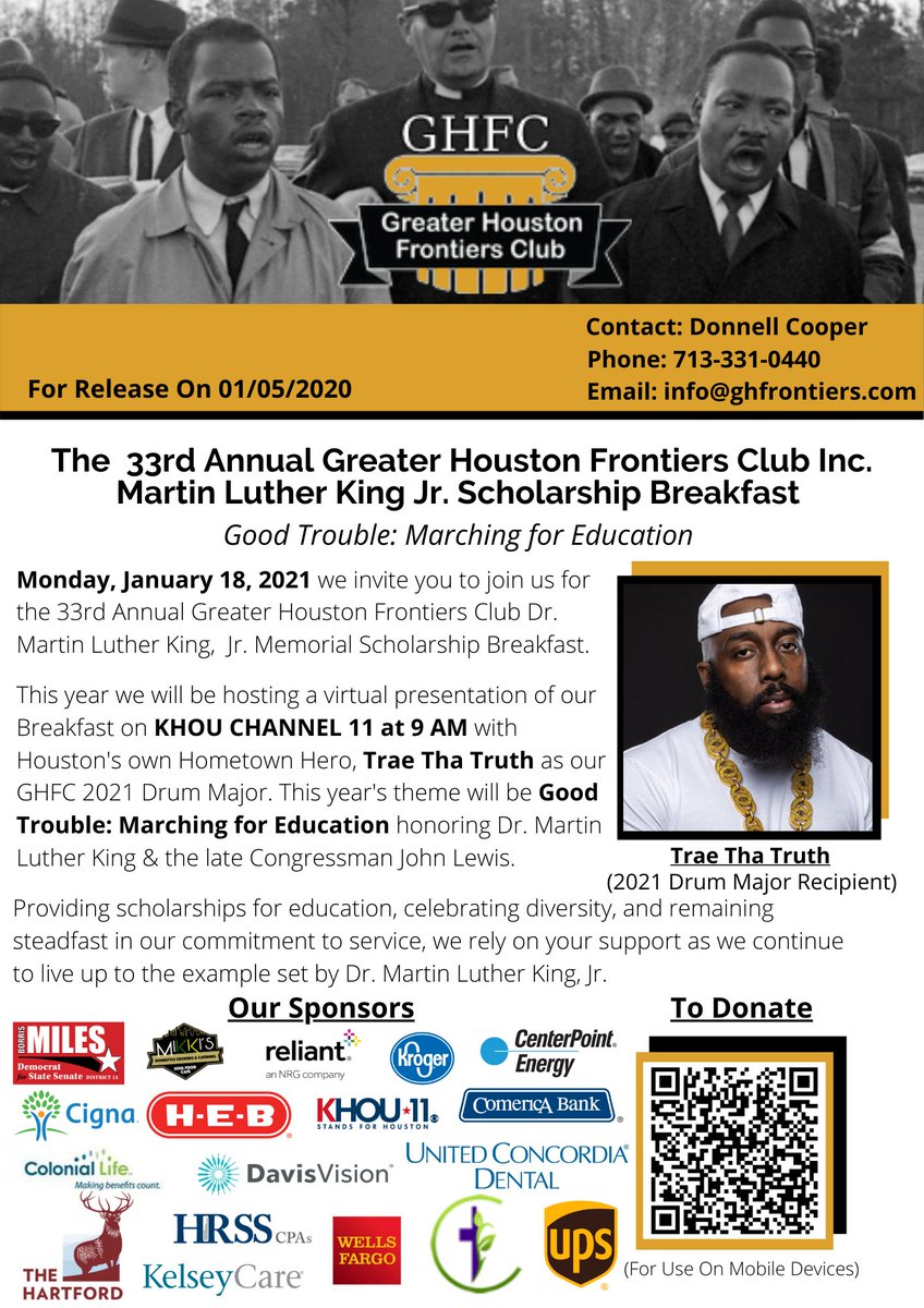 GHFrontiers's tweet photo. Monday, January 18, 2021 we invite you to join us for the 33rd Annual Greater Houston Frontiers Club Dr. Martin Luther King,  Jr. Memorial Scholarship Breakfast. This year we will be presenting our Breakfast on @KHOU at 9 AM with Houston's own Hometown Hero @TRAEABN https://t.co/URwZRs0DyU