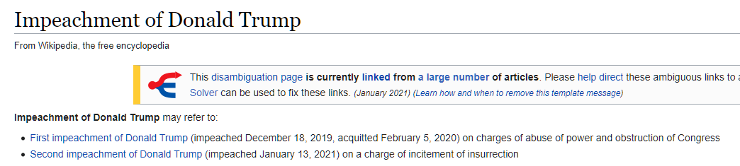 purodiusa's tweet photo. Damn Trump, you've been impeached so often you have your own disambiguation page on Wikipedia. https://t.co/rPQfEJDTiA