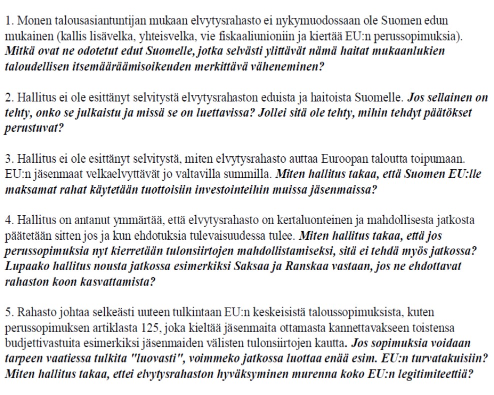Vaadimme hallitukselta vastausta viiteen kysymykseen EU:n #elpymisrahasto :sta. 👇

<a href="/SuomenEduskunta/">SuomenEduskunta</a> ei voi hyväksyä rahastoa ennenkuin näihin kysymyksiin on vastattu kattavasti!
@pelastusrahasto <a href="/AlfaTVSuomi/">AlfaTV</a> <a href="/MarinSanna/">Sanna Marin</a> <a href="/VilleTavio/">Ville Tavio</a> <a href="/VanhanenMatti/">Matti Vanhanen</a> <a href="/PetteriOrpo/">Petteri Orpo</a> <a href="/SariEssayah/">Sari Essayah</a>