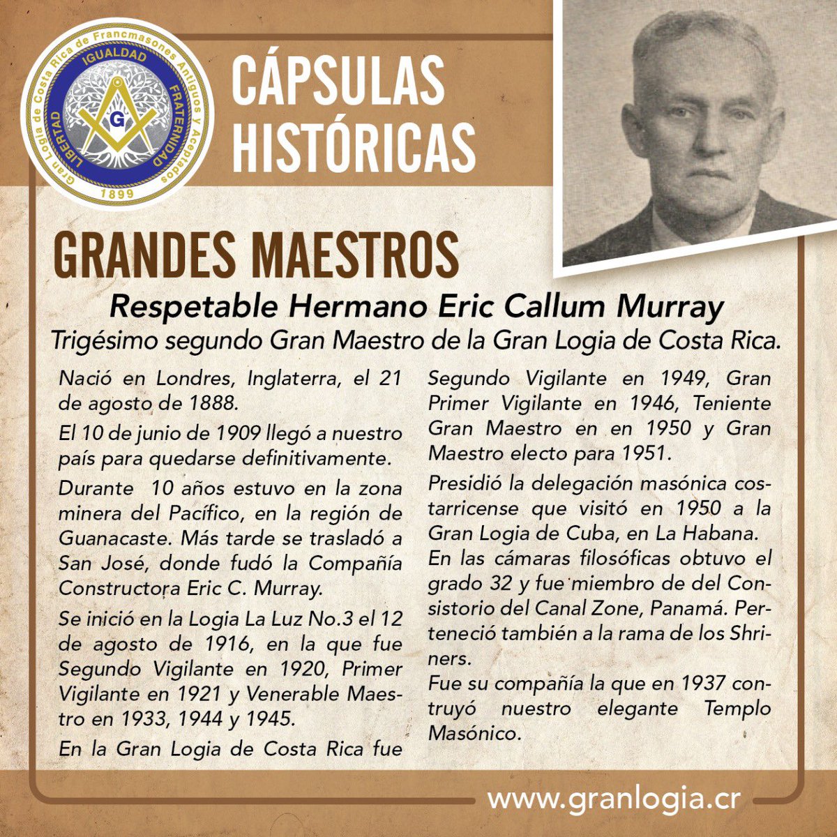 ¿Qué hora es?... 

Justo antes de que sea la media noche compartimos con ustedes hoy la #cápsulaHistorica presentando a un #ExGranMaestro, el #RH Eric Callum Murray.

#FelizNoche