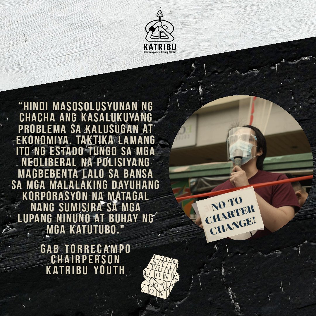 Mariing tinututulan ng Kabataan Para sa Tribung Pilipino (KATRIBU) ang ginagawang hakbangin ng kongreso na magkaroon ng Charter Change (ChaCha) sa kabila ng krisis na kinakaharap ng bansa dahil sa pandemya at mga nagdaang sakuna.

#NoToChaCha
#BakunaHindiChaCha
#AyudaHindiChaCha