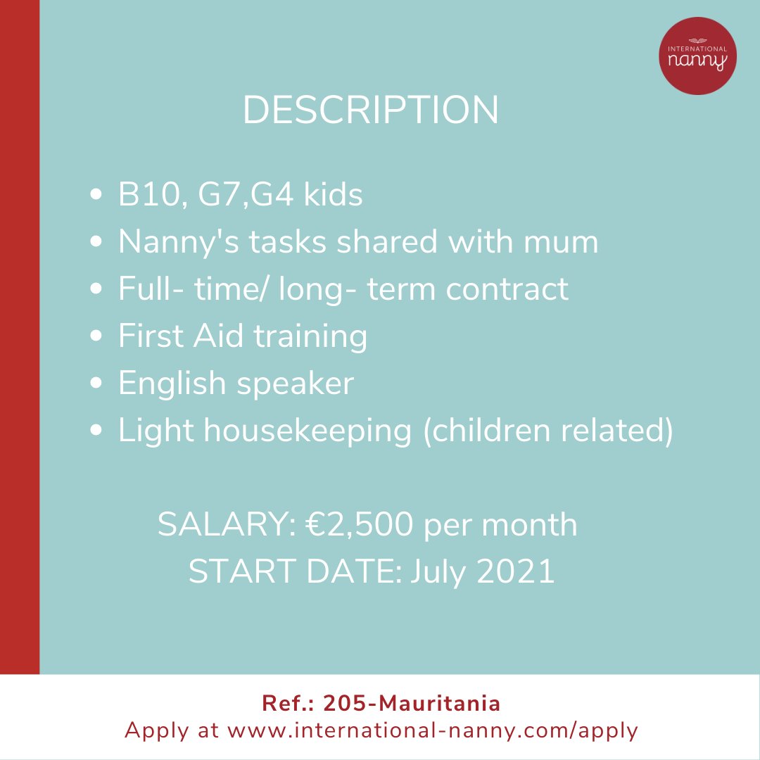 International Nanny is looking for FULL- TIME, LIVE- IN NANNY IN MAURITANIA ✨

If you fulfill the requirements and are interested in this opportunity, please apply at international-nanny.com/apply   

#nanny#mauritania#nannyineurope#englishspeakernanny#childcare#workwithkids#job2021