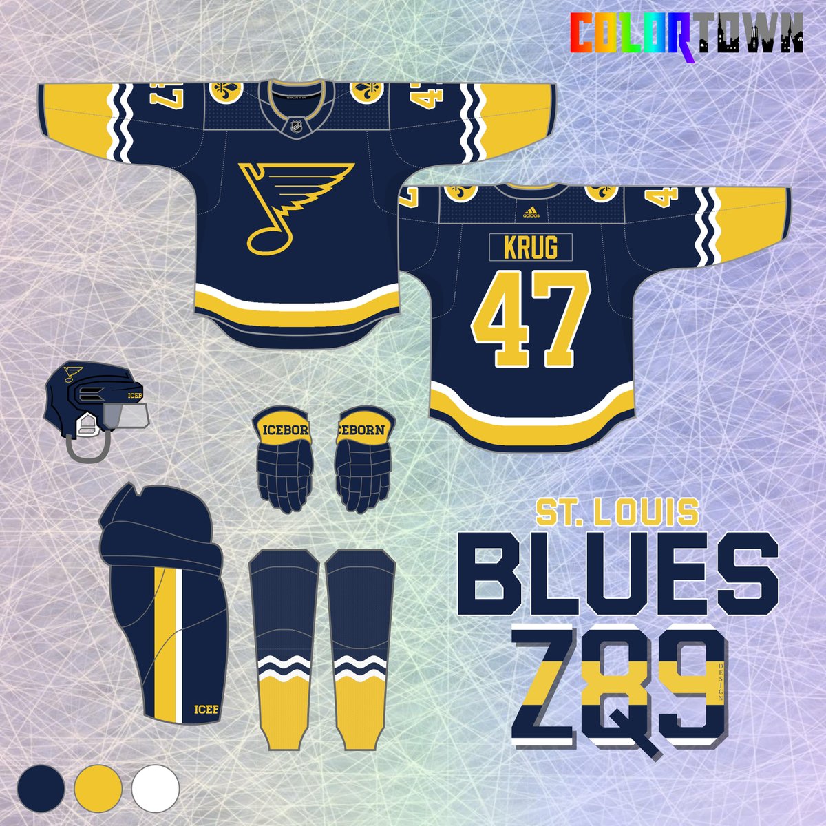 The #stlblues are up next in my NHL #ColorTown series! Navy is used as the primary, since I haven't used it yet for the Blues, and elements of the St. Louis flag are used on the arms and shoulder patches for the 'Town' theme. I think it rounds out my Blues concepts nicely! (2/40)