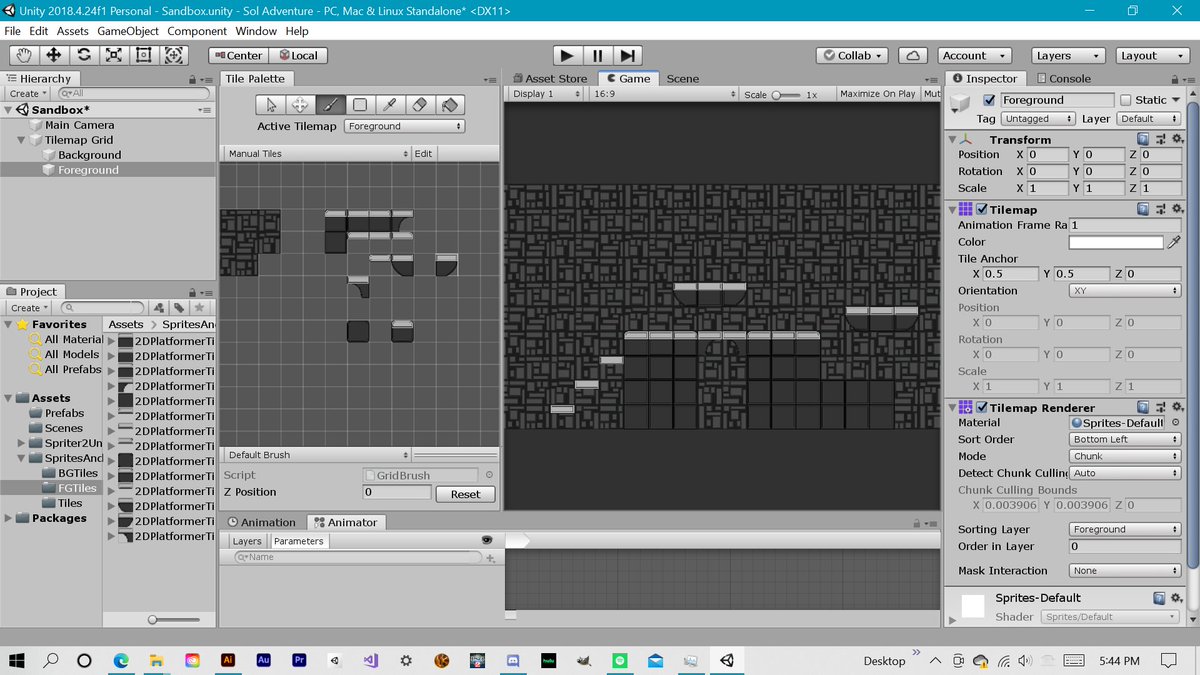 ArcherTheSage's tweet photo. In the Studio,
having a low energy day but no zero days allowed so I learned how to use the tilemap and put a sample level together. #SeraphInteractive #SolAdventure #gamedev #unity2d #madewithunity @GameDevTV https://t.co/18HVy60YzU