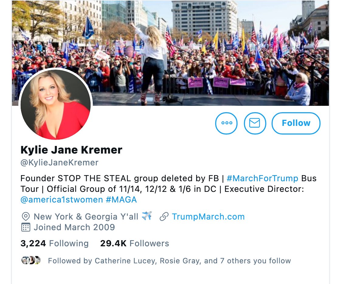 Kylie Kremer and her mother Amy Kremer (remember Amy started the Tea Party and campaigned for Ted Cruz when he first ran for office?) They run Women for America First (and Women for Trump). NONE of their twitter or YouTube sites have been closed even tho they orchestrated Jan 6.