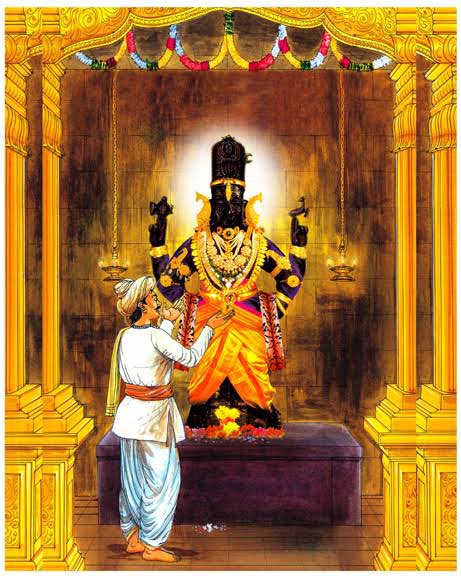 The measurement was given n he made the girdle. When the girdle was put on Vitthal, it was loose. Narhari had to shorten it. Now the girdle became tight. So Narhari was forced to take measurement on his own. He had to go to the mandir but went blindfolded to avoid seeing Vitthal