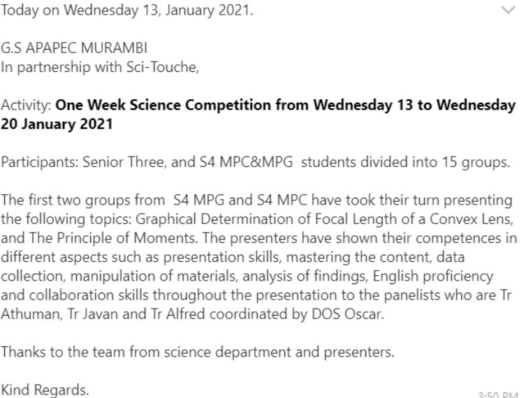 SciTouche's tweet photo. Day 1 of Sci-Touche’s one-week long Science Competition featuring S4 (10th grade) MPG (Math-Physics-Geography) &amp; S4 MPC (Math-Physic-Computer Science) Students from Groupe Scolaire APAPEC Murambi was a success! #STEMeducation @Rwanda_Edu https://t.co/RTPSdPZYPA