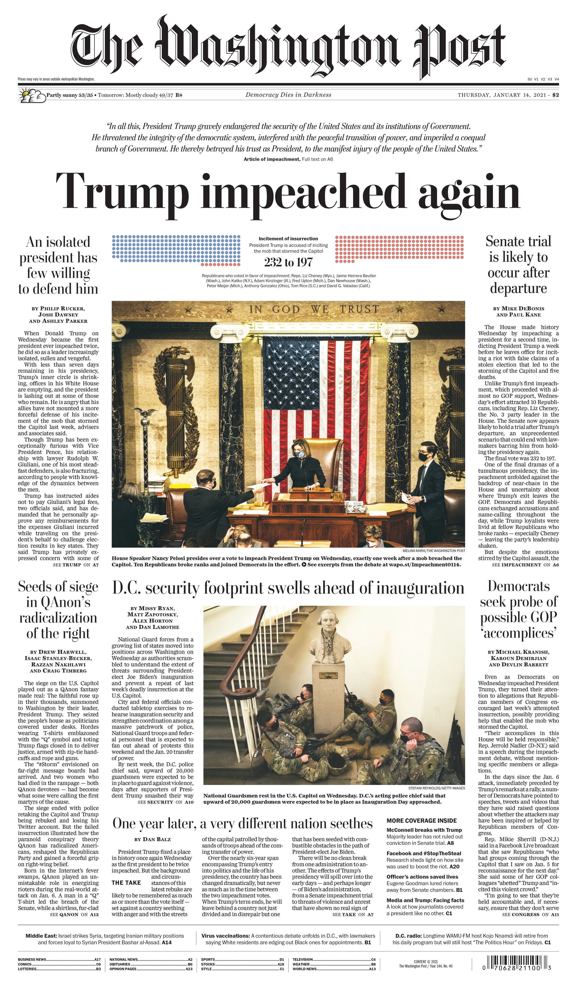 Sightseeing Sund og rask usikre The Washington Post on Twitter: "The front page of Thursday's Washington  Post: "Trump impeached again" https://t.co/8MQCVmwdsN  https://t.co/6XywJ3JK3M" / Twitter