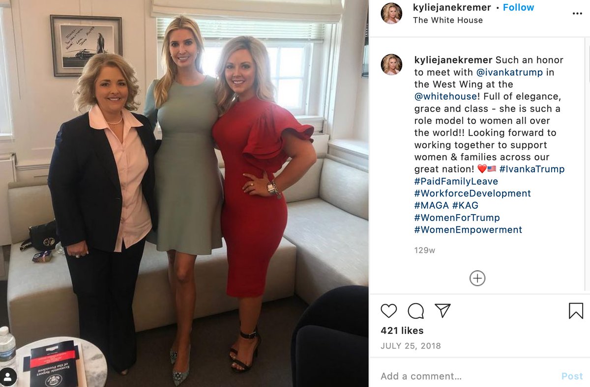 Now the kicker here is that Amy Kremer and her daughter Kylie Kremer know the Trumps and have been invited to the White House on several occasions recently. Here they are for ACB confirmation and with Ivanka.