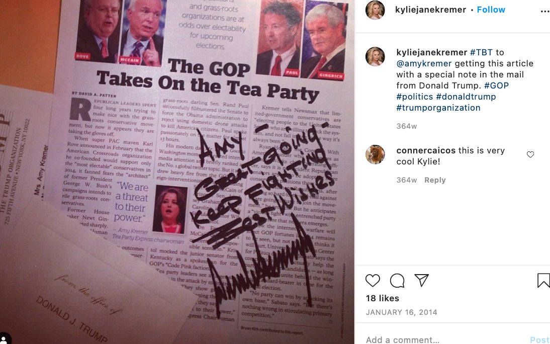 Trump had even written a note to congratulate Amy Kremer before he was even elected to office and then for a recent appearance on Fox.