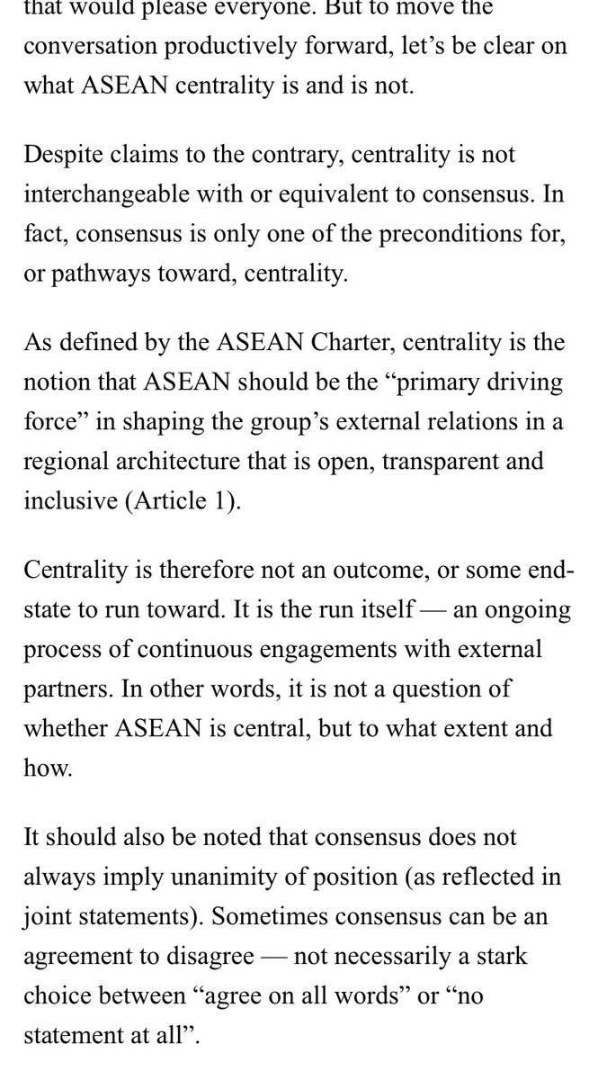 - IMHO centrality in general is NOT about changing/getting outcomes (like the SCS or Rohingya). Asean centrality is about whether the group drives the process of engagement w/ extra-regional partners (as I argued back in 2016:  https://www.thejakartapost.com/amp/seasia/2016/09/06/insight-can-there-be-asean-centrality-without-unity.html)