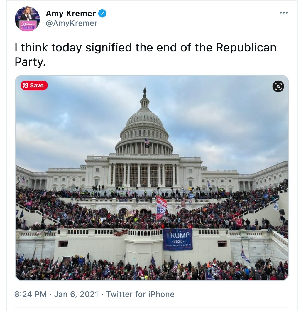 See Kremers' tweets ON and AFTER Jan 6. At 3:30 - well into the takeover - Kyle Kremer texted "WE THE PEOPLE descended on DC" as her mother wrote at 6:34 pm "I think today signified the end of the Republican Party." Now Reps. who voted yes on impeachment today "are done."