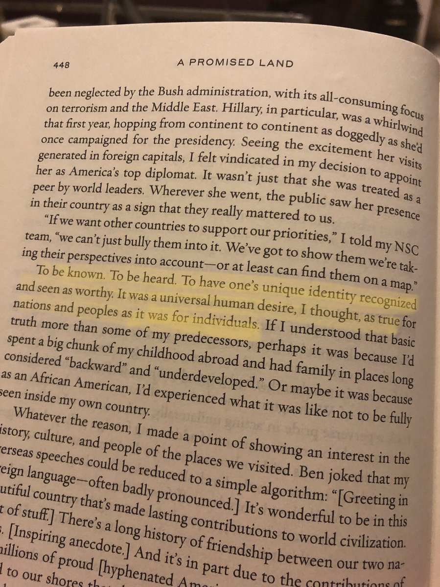 “To be known.  To be heard.  To have one’s unique identity recognized and seen as worthy. It was a universal human desire, I thought, as true for nations and peoples as it was for individuals”.    💯 

<a href="/BarackObama/">Barack Obama</a> #APromisedLand