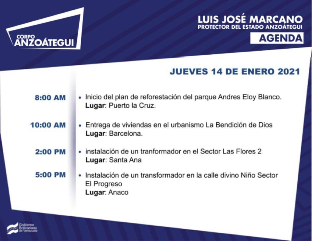 MaraimaWilliam's tweet image. Buenas noches. A continuación la agenda del Protector del Estado Anzoátegui Luis José Marcano para el día jueves 14 de enero. #Anzoáteguiporlarenovación