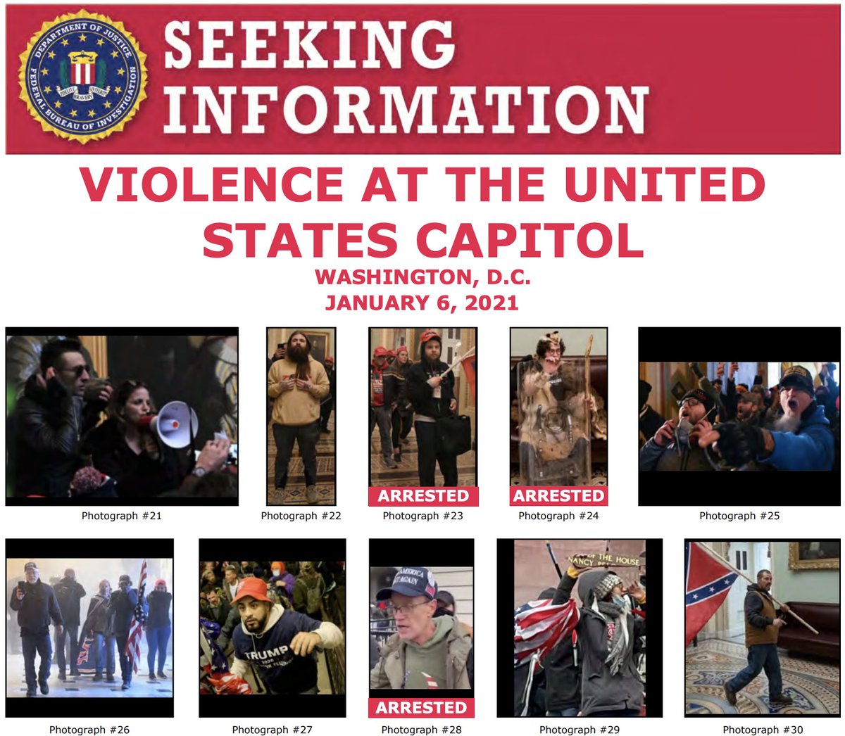 The #FBI and our partners have arrested multiple people who unlawfully entered the U.S. Capitol last week, but we still need the public to help us identify individuals. If you know someone on one of these posters, submit a tip at fbi.gov/USCapitol. ow.ly/bh3050D84of