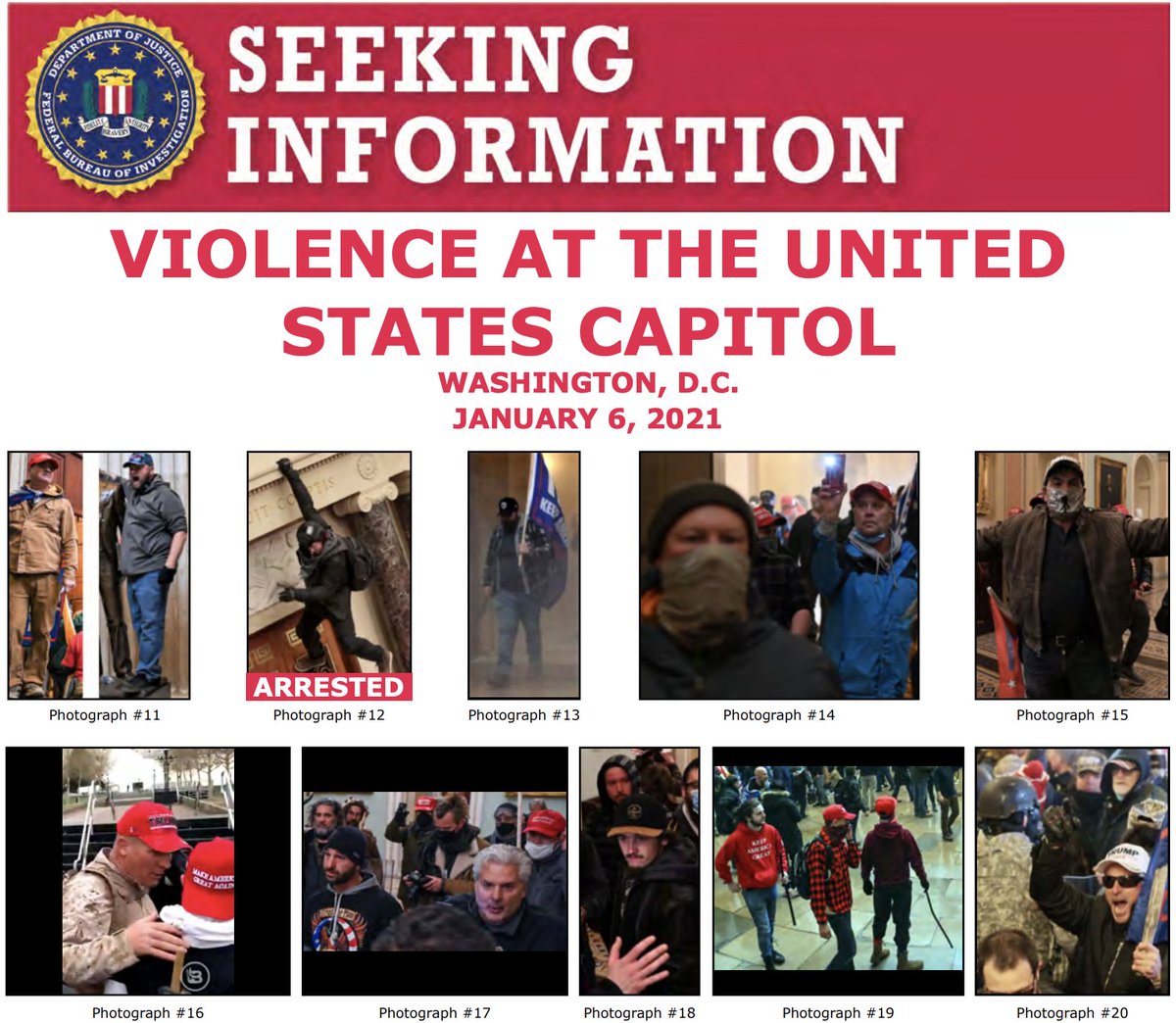 FBI's tweet image. The #FBI and our partners have arrested multiple people who unlawfully entered the U.S. Capitol last week, but we still need the public to help us identify individuals. If you know someone on one of these posters, submit a tip at fbi.gov/USCapitol. ow.ly/bh3050D84of