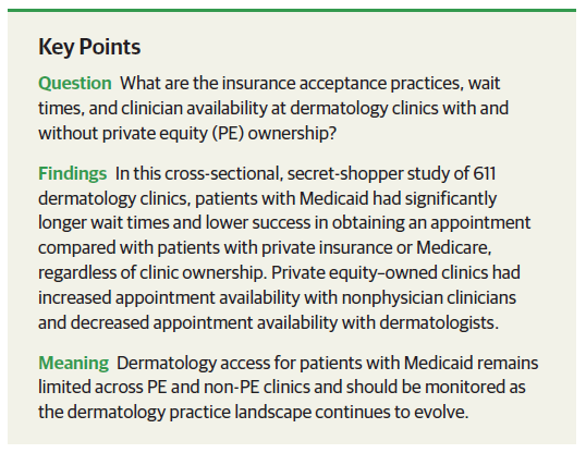 Does private equity ownership impact wait times in derm? Our study on Insurance Acceptance & Wait Times in Derm in  @JAMADerm led by Andrew Creadore w/support frm  @SheenaDesai3,  @sara_j_li,  @CJoyceBiostats,  @JackResneckMD &senior author  @KiraSeiger. 1/9  https://jamanetwork.com/journals/jamadermatology/article-abstract/2774798