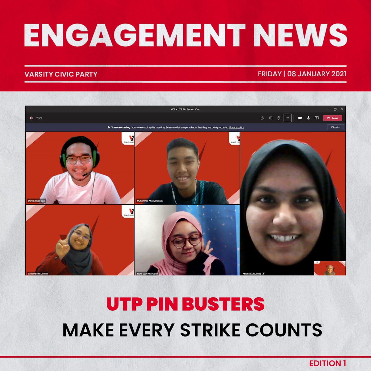 VCPUTP's tweet photo. π€π» VCP Engagement with Pin Busters π€π»
From students we come, to the student we serves.
On 8th of January 2021, Varsity Civic Party had engaged with Pin Busters to have a fruitful discussion even during pandemic.
#VCPUTP
#InVCPWeTrust
#UTPElection2021 https://t.co/ueYjcXstXg