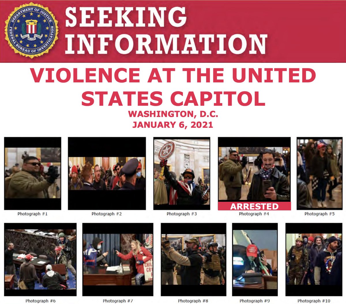 Thank you for your tips! The #FBI & our partners have arrested multiple ppl in connection with violence at the US Capitol last week. We still need the public to help us identify individuals. If you know someone on one of these posters, submit a tip at fbi.gov/USCapitol.