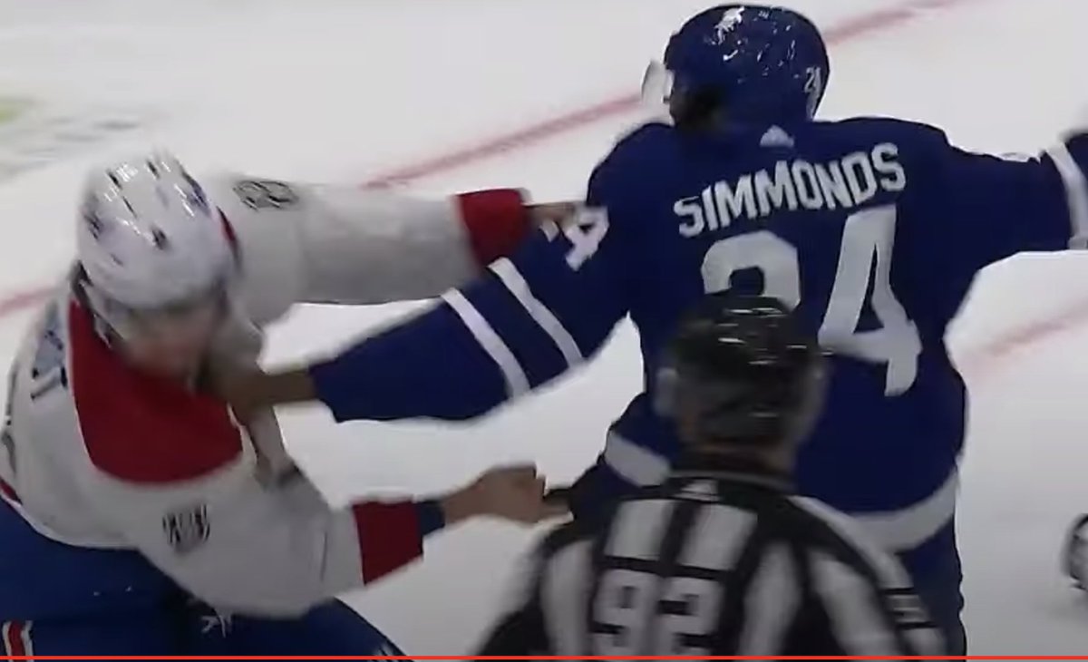 Leafs down by two half way through the game Simmonds drops the gloves and the Leafs tie up the before the end of the period. That's what they need. But the Habs looked pretty good. The Leafs were a little lucky at the end. Anderson saved their bacon in OT.