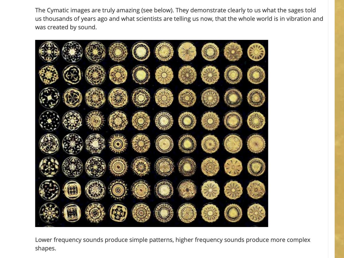 Cymatics. In Greek meaning "Wave". Sound and Vibration.The 1st pict shows the how high frequency creates amazing intimate patterns like the Cathedral Windows while low frequency (disease) creates simple forms.