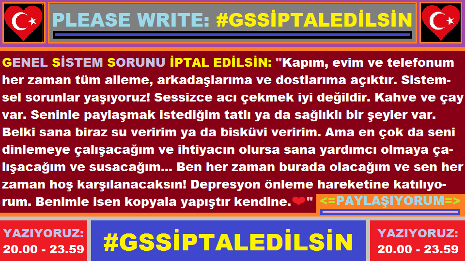 #Gssiptaledilsin yaz! Ama en çok da seni dinlemeye çalışacağım ve ihtiyacın olursa sana yardımcı olmaya çalışacağım ve susacağım. Ben her zaman burada olacağım ve sen her zaman hoş karşılanacaksın! Depresyon önleme hareketine katılıyorum. Benimle isen kopyala yapıştır kendine: ❤️