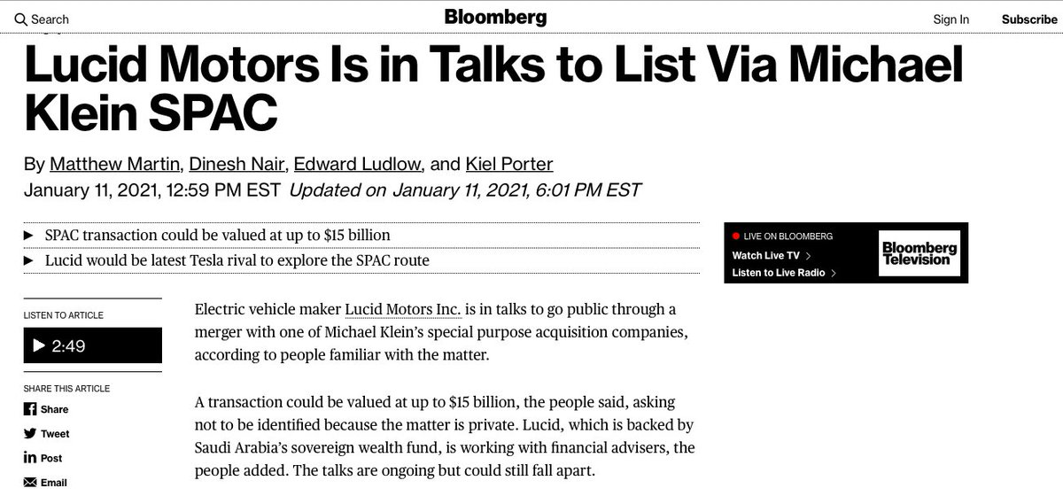 WHY  $CCIV CAN TRIPLE SOON.What is  $CCIV ?CCIV is the fourth SPAC by Michael Klein who already has multiple multi-billion dollar SPAC mergers including  $CCC valued at over 19 Billion. CCIV is in TALKS to take  @LucidMotors public valuing the merger at over 15 BILLION.