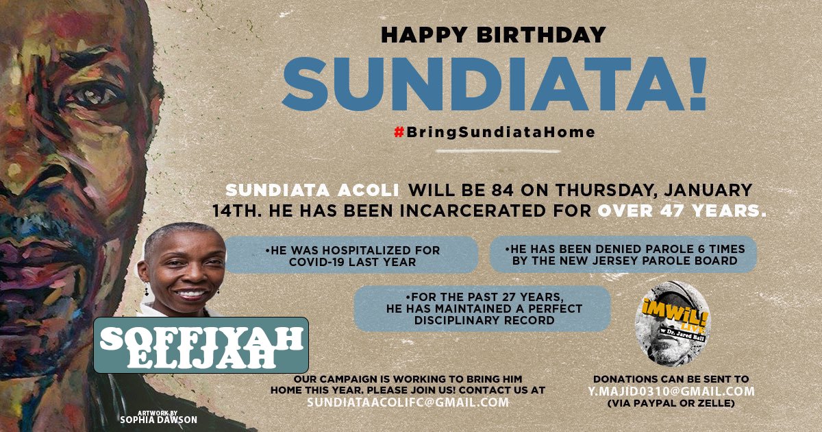 IMIXWHATILIKE's tweet photo. 10a EST! 1/14! The Freedom Campaign for Sundiata Acoli with Soffiyah Elijah https://t.co/MKMOXuWbKo https://t.co/No3HmAF9nl