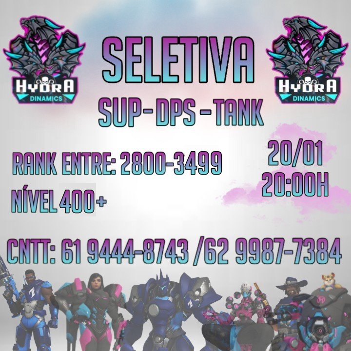 HDinamics's tweet photo. SELETIVA PARA HYDRA DINAMICS!✨🌊

Nós estamos abrindo vagas para DPS, Tank e Suporte, então, se você tem interesse em participar do nosso time, podem nos chamar na DM ou entrar em contato com os números presentes na imagem!

A seletiva ocorrerá dia 20/01 às 20:00h https://t.co/3o3gBLJPPn