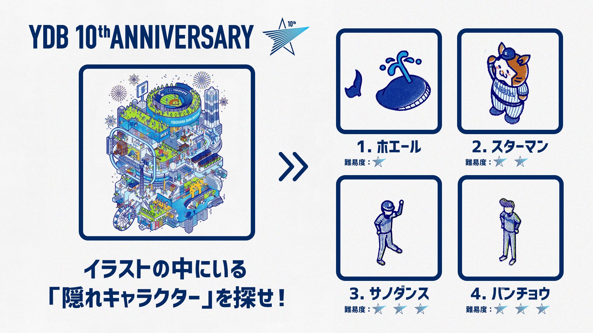 横浜denaベイスターズ בטוויטר 横浜denaベイスターズ誕生10周年 プロジェクト みんながつながる 未来のボールパーク をイメージしたこのイラストの中に実はこんな 隠れキャラクター がいるんです ぜひ探してみてください 大きな イラストで見たいかたはコチラ