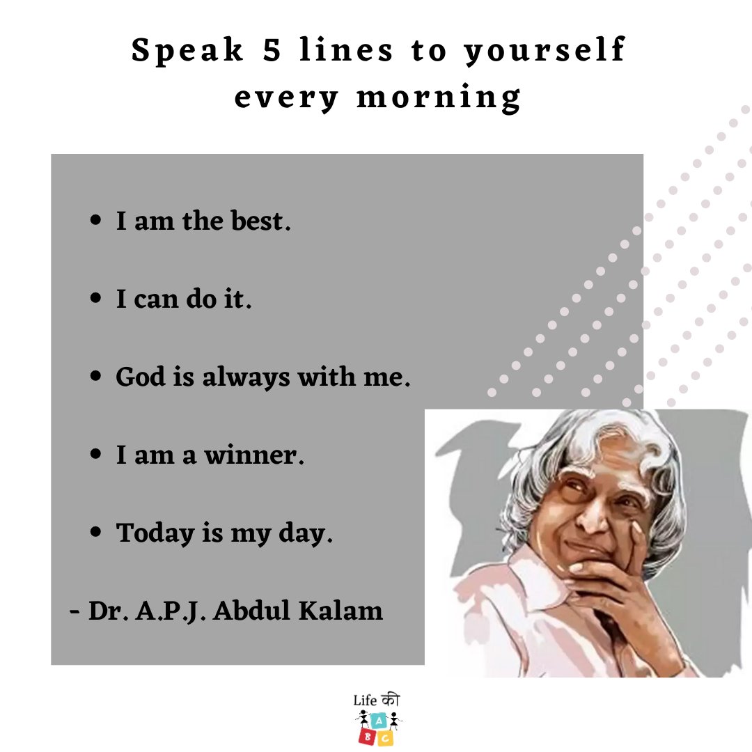 LifeKiABC's tweet photo. Positive affirmations such as these by Dr. A.P.J. Abdul Kalam will foster a sense of positivity, confidence, and self-belief. 
⚡️These are simple enough for your children to follow and powerful enough to make a positive impact on their lives. 
Visit https://t.co/5kUFEV1I0T! https://t.co/odaNE8TFL3