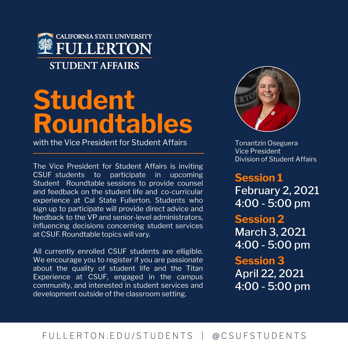 Let your voice be heard 🗣 Be part of a select group and register for a Student Roundtable with the VP for Student Affairs @DrOseguera 🙌 

Register: bit.ly/2LvoGCm 

#CSUFstudents