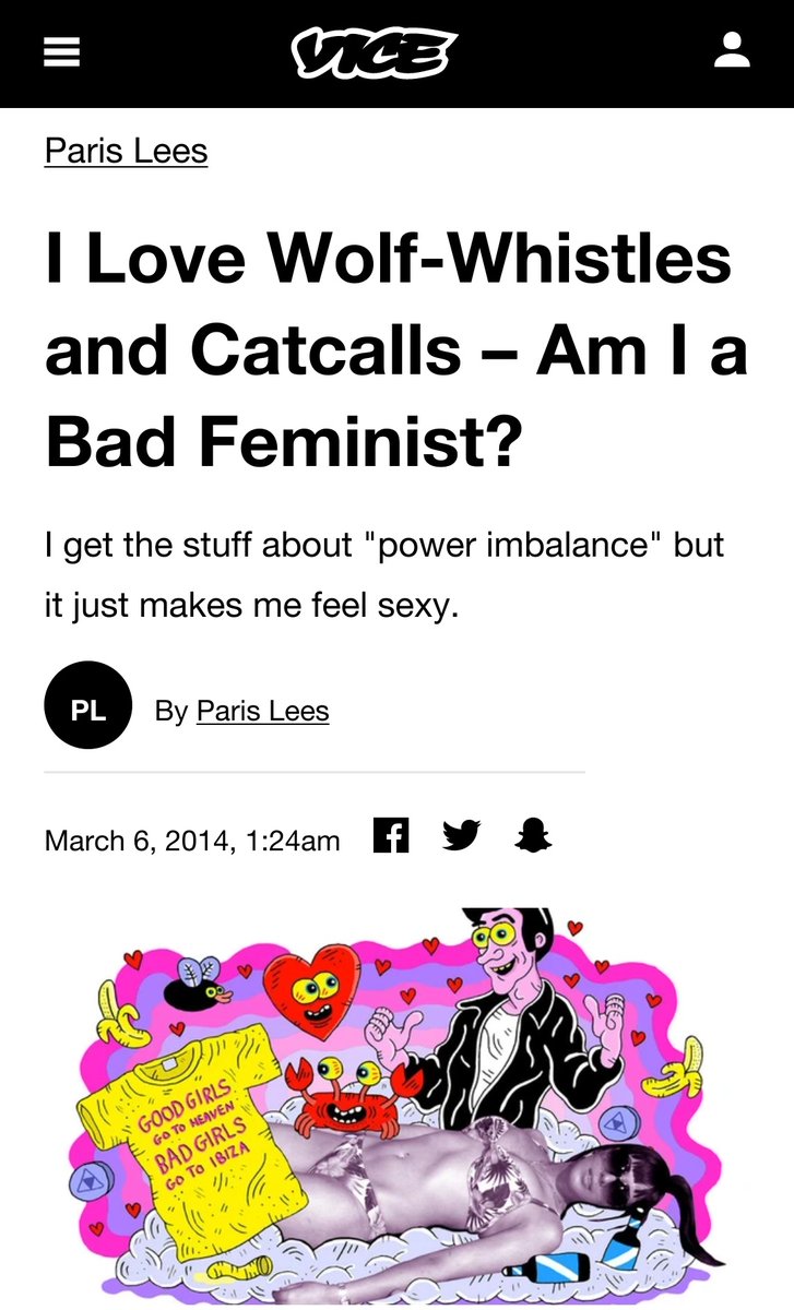 Then there's Paris Lees, vocal advocate for the sex industry, who was in 2018 invited to speak at a Time's Up rally, advocating the idea that men are equally harmed by patriarchy as women.Lees has written several articles for Vice advocating paid rape for the unemployed.