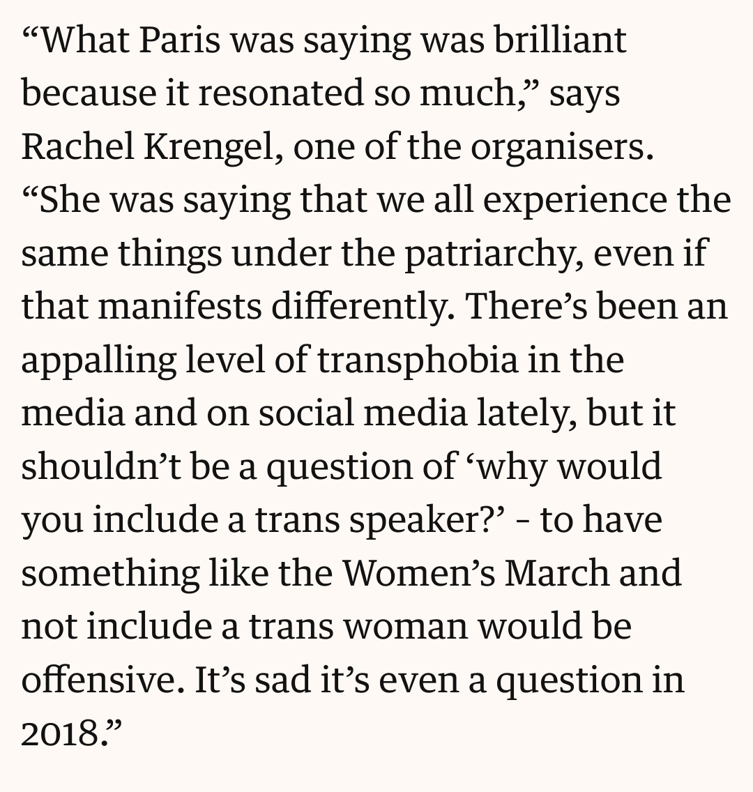 Then there's Paris Lees, vocal advocate for the sex industry, who was in 2018 invited to speak at a Time's Up rally, advocating the idea that men are equally harmed by patriarchy as women.Lees has written several articles for Vice advocating paid rape for the unemployed.