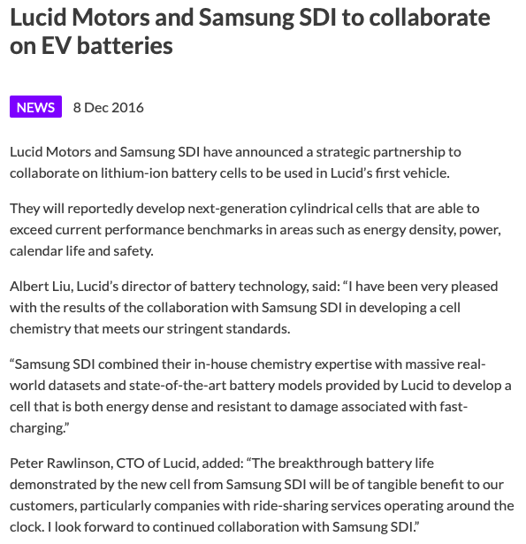 Powertrain &  @Samsung collabLucid Air will have lithium-ion battery cells sourced from  @Samsung  as the primary powertrain. The Air will be equipped with a 110 kWh battery pack which will provide 517 miles range. Air will be capable of a top speed over 200 mph (320 km/h).