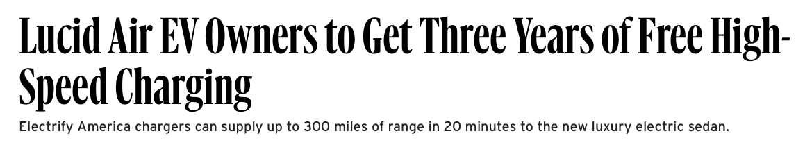 Charging &  @ElectrifyAm collabLucid already has a joint agreement with Electrify America which already has 2,000 fast-charging stations over 500 sites, spread out across 40 states. Each lucid car comes with 3 years of FREE Electrify America charging.