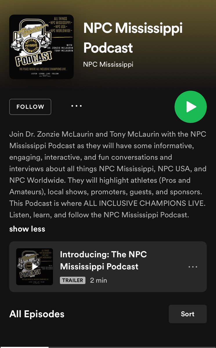 NpcMississippi's tweet photo. #NPC Mississippi Family,
We are now on #Spotify with our own #NPCMississippi Podcast introductory teaser, starting off with our awesome Dr. Zonzie McLaurin and Tony McLaurin.
We’re super excited! Come join us!
#msmuscle #msstrong #fitnessmotivation #bodybuilding https://t.co/gHvrf97KHM