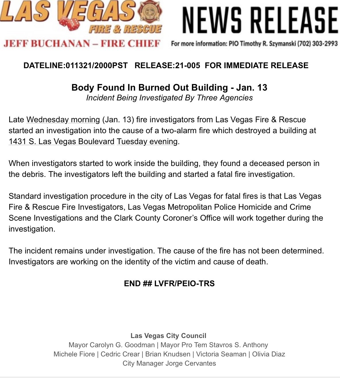Las Vegas Firerescue Lasvegasfd Media Release