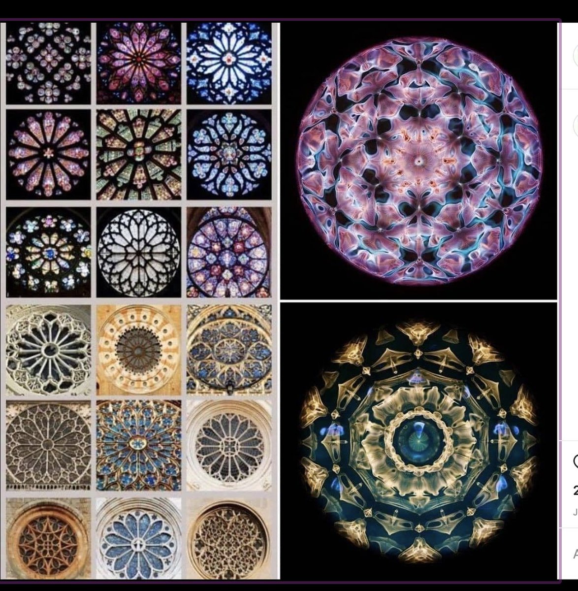 Cymatics. In Greek meaning "Wave". Sound and Vibration.The 1st pict shows the how high frequency creates amazing intimate patterns like the Cathedral Windows while low frequency (disease) creates simple forms.