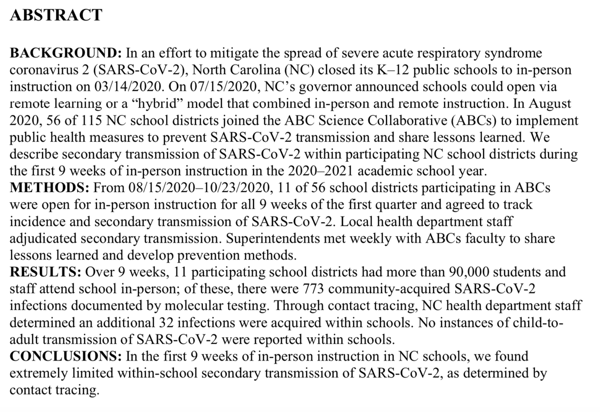 Risks to kids (cont):Study from North Carolina published in  @AAPNews looked at hybrid in-person learning for K-12 and found just 32 cases of in-school transmission among students and teachers https://pediatrics.aappublications.org/content/pediatrics/early/2021/01/06/peds.2020-048090.full.pdf/3