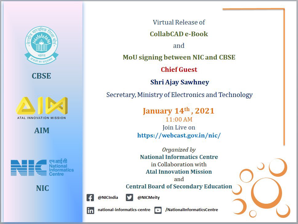 AIMtoInnovate's tweet photo. The wait is over!🙌
One hour to go!⌛
AIM in collaboration with @NICMeity and @cbseindia29 will be jointly releasing a comprehensive E-book on #CollabCAD 3D modelling.
Join us LIVE to know more:
⏰👉 Today, 11am onwards
🔗👉https://t.co/lbOkWBP0Pp https://t.co/LZEko0VfDR
