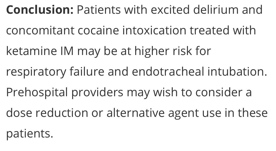The biggest concern I have, though, is the conclusion. The authors recommend ketamine dose reduction or alternative agents in patients who have substances on board. This is a potentially dangerous recommendation. 5/