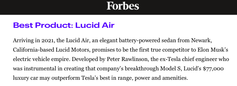 Best Product: ForbesBest Product: Forbes the Best Product coming out in 2021 last week.$600 Billion Car Company?According to the inside Ev " This is a stepping stone for building a 600 billion dollar company "