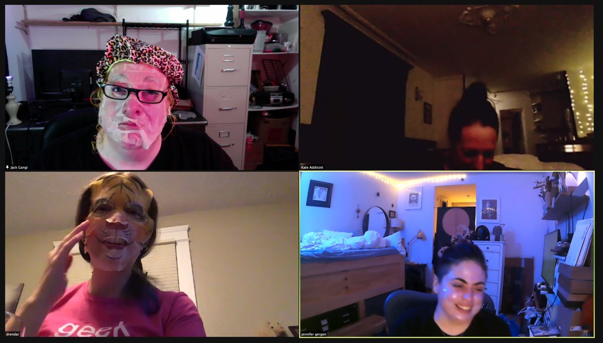 jackgangi's tweet photo. zoom spa night with @drendar @palebluejen and @thekateyouknow I look like the mom in the "parents just don't understand" video. https://t.co/e6Rmy3M312