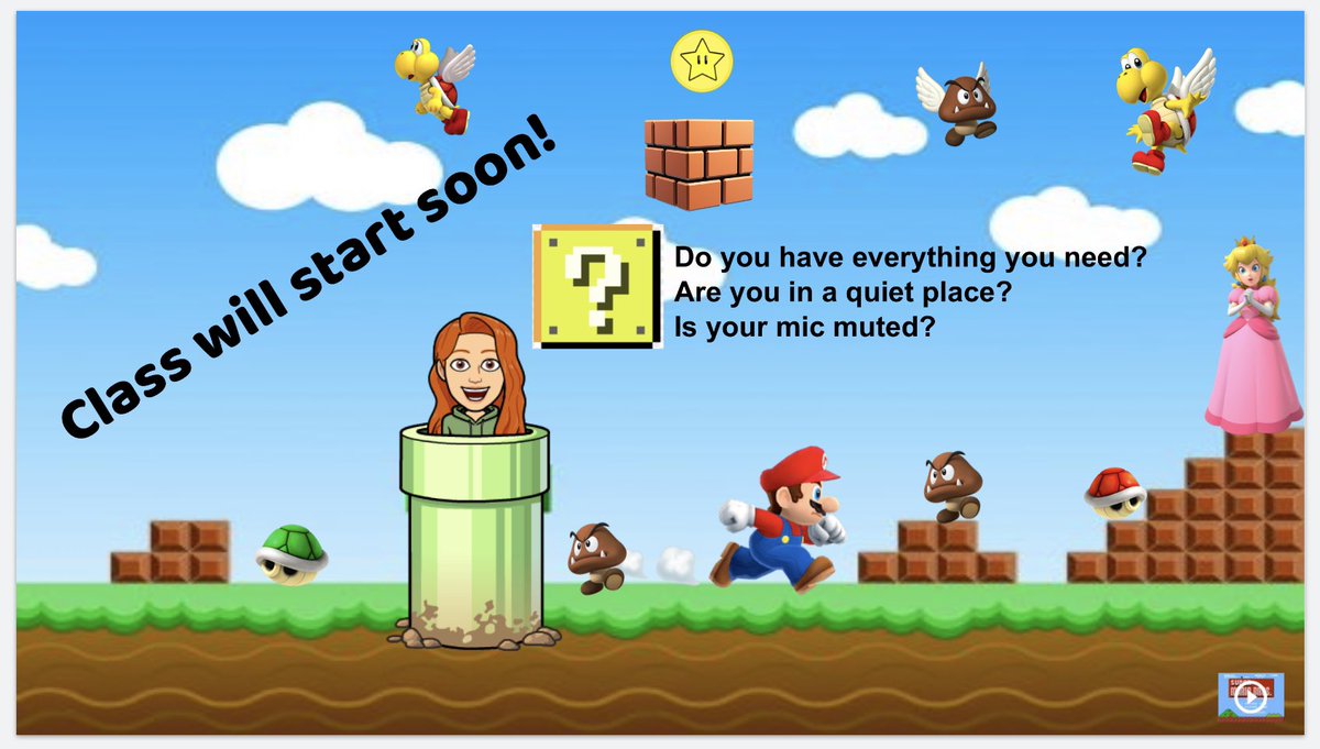 Wait screens for my #GoogleMeet. Insert video (so Ss have “hold” music) set to play automatically. Choose share a tab, present the #GoogleSlides. I go in 10 mins before meet starts. My mic &amp; camera are off, but it’s fun to see their reactions - and dances! #TVDSB #Bitmoji