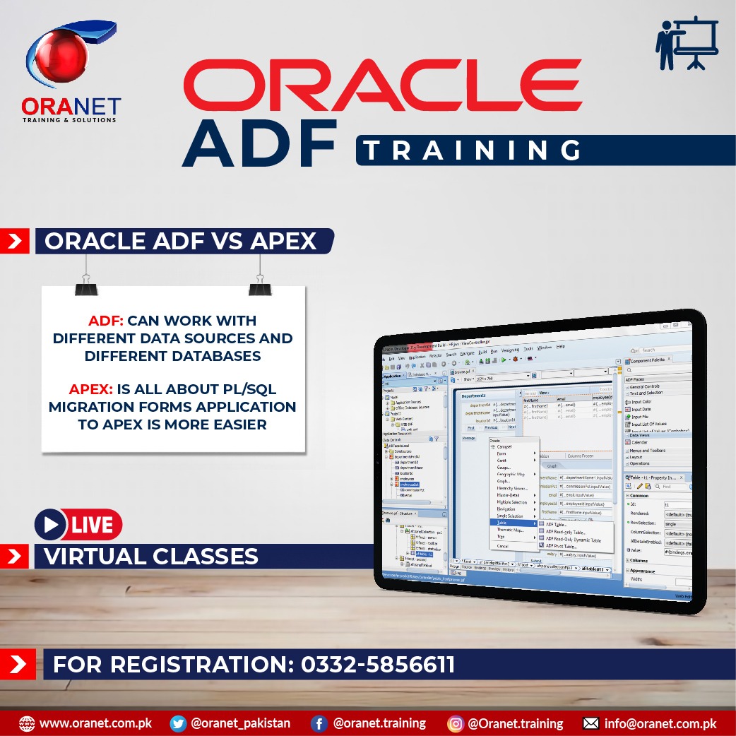oranet_pakistan's tweet image. Avail New Year Discount!
Oracle ADF can work with different data sources and different databases.
Live Virtual Classes Starting from 15-January,2021(Friday) at 7pm.
For Registration & Details: 0332-5856611
#oracleadf #certifiedtrainer #development