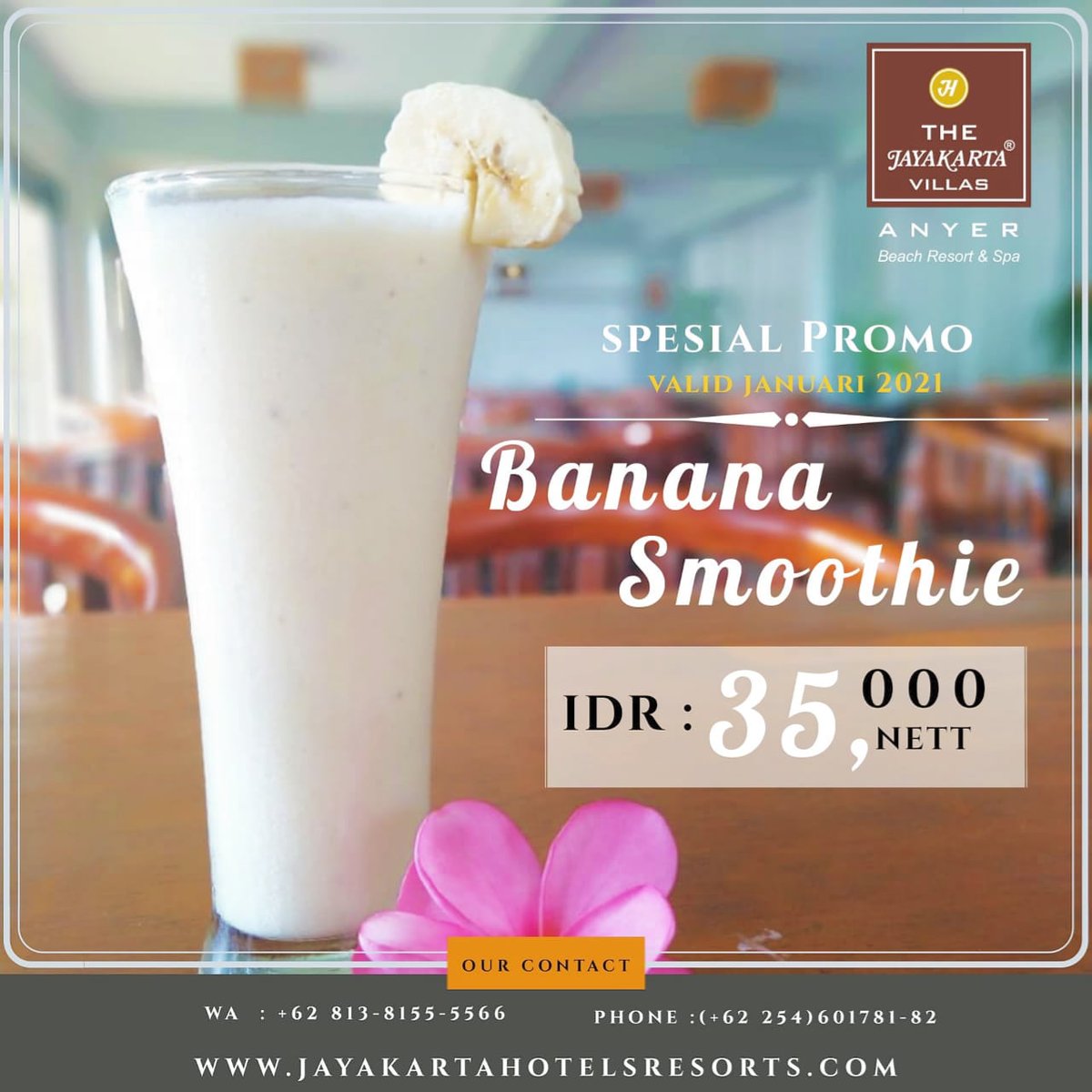 jayakartaanyer's tweet photo. ✨PROMO JANUARI✨
BANANA SMOOTHIE 🍹
.
.
Sambil menikmati Sunset di pantai The Jayakarta Anyer, Cocok banget nih ditambah BANANA SMOOTHIE !!
ONLY 35 K 🔥
.
.
.
Well Located &amp; Friendly Hotels 
https://t.co/cZxhimUQv1
https://t.co/TWDwdCAKwV

#thejayakartavillasanyer https://t.co/zvbKeBZhrd